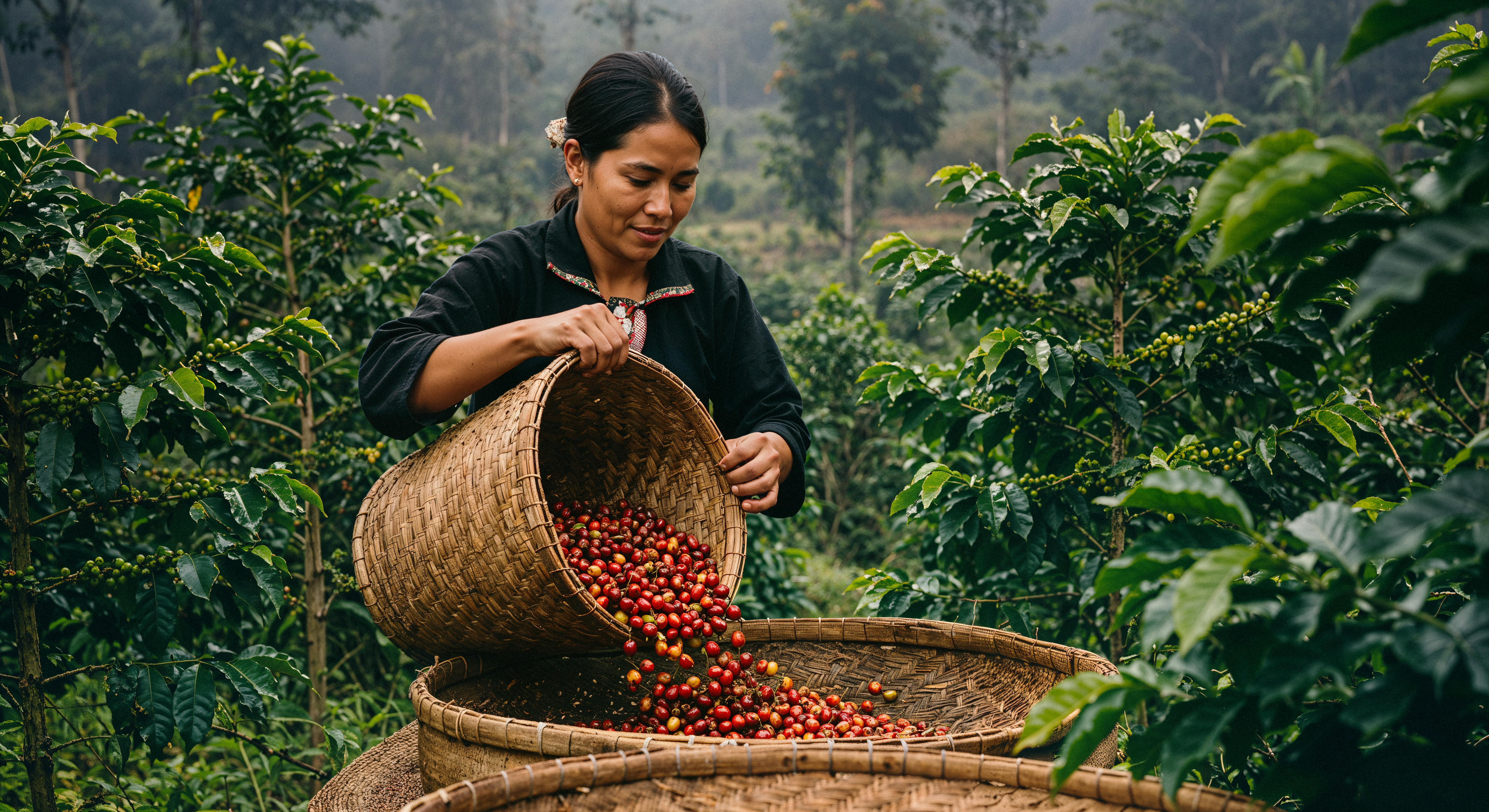 Cosecha manual y selectiva de granos de café orgánico en Veracruz, México